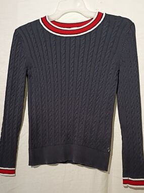 Navy Cotton Crewneck Cable Knit Cropped Sweater with Red-Trim Detail, Sz 4, NWOT